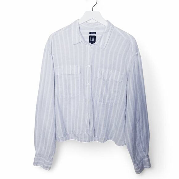 GAP 100% Linen Cropped Shirt Light Blue & White - Size XL - Picture 3 of 8